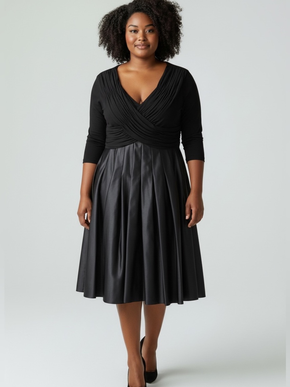 Eliza J Black Long Sleeve Pleated-Top Satin Skirt Dress Size 12